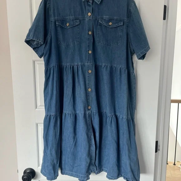 Button-Front Tiered Denim Shirt Dress - Blue - Picture 6 of 6